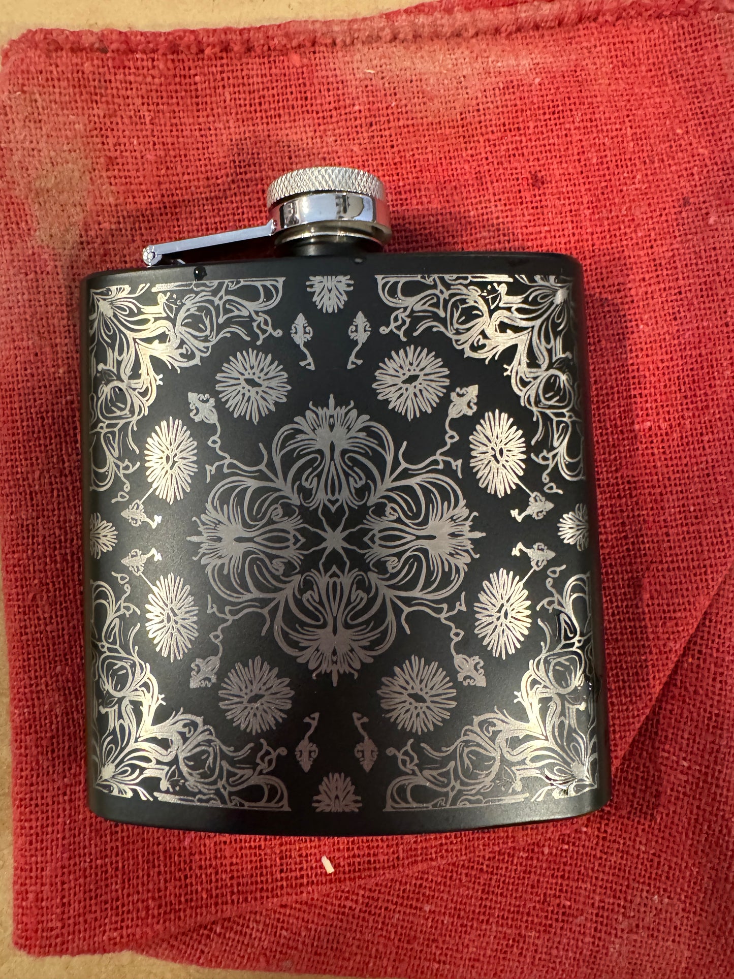 Engraved Black Hip Flask with Funnel