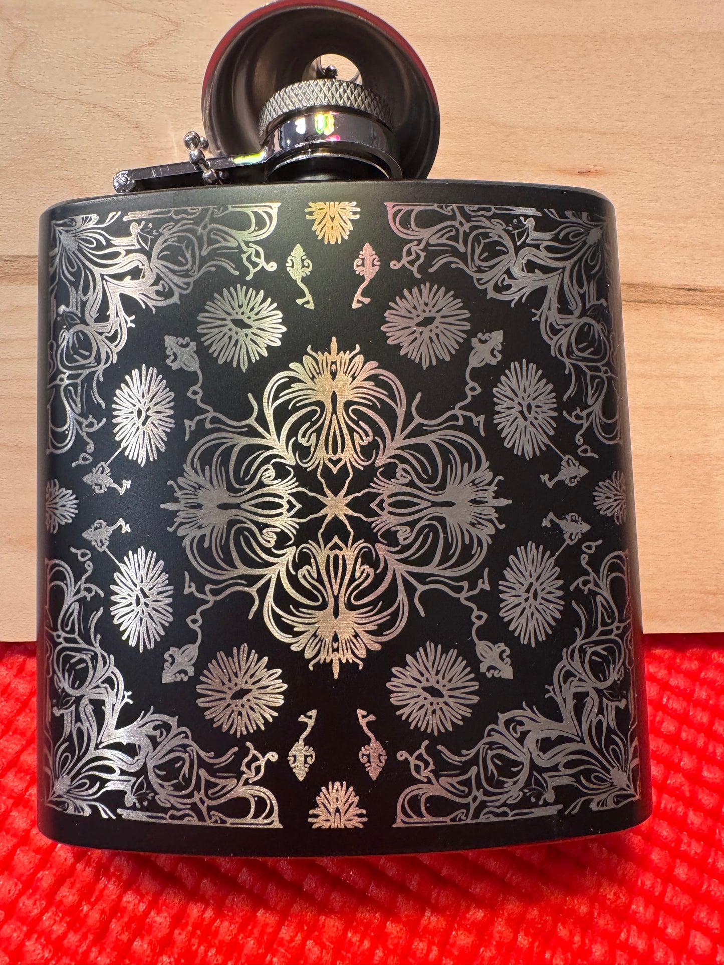 Engraved Black Hip Flask with Funnel