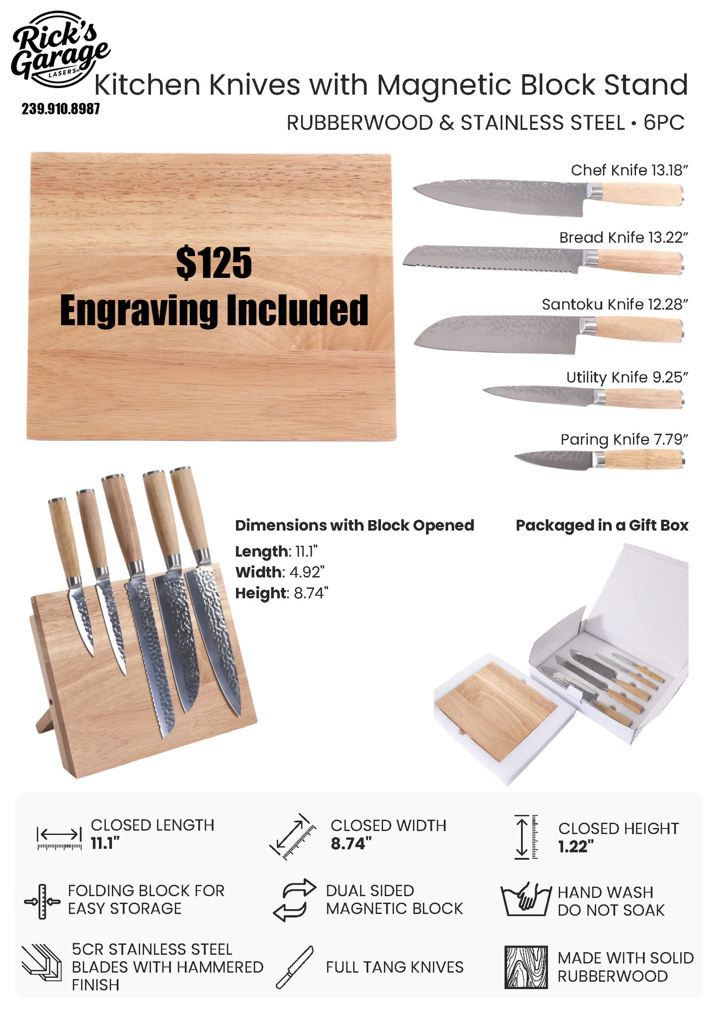Magnetic Cutting Board Chef Knife Set